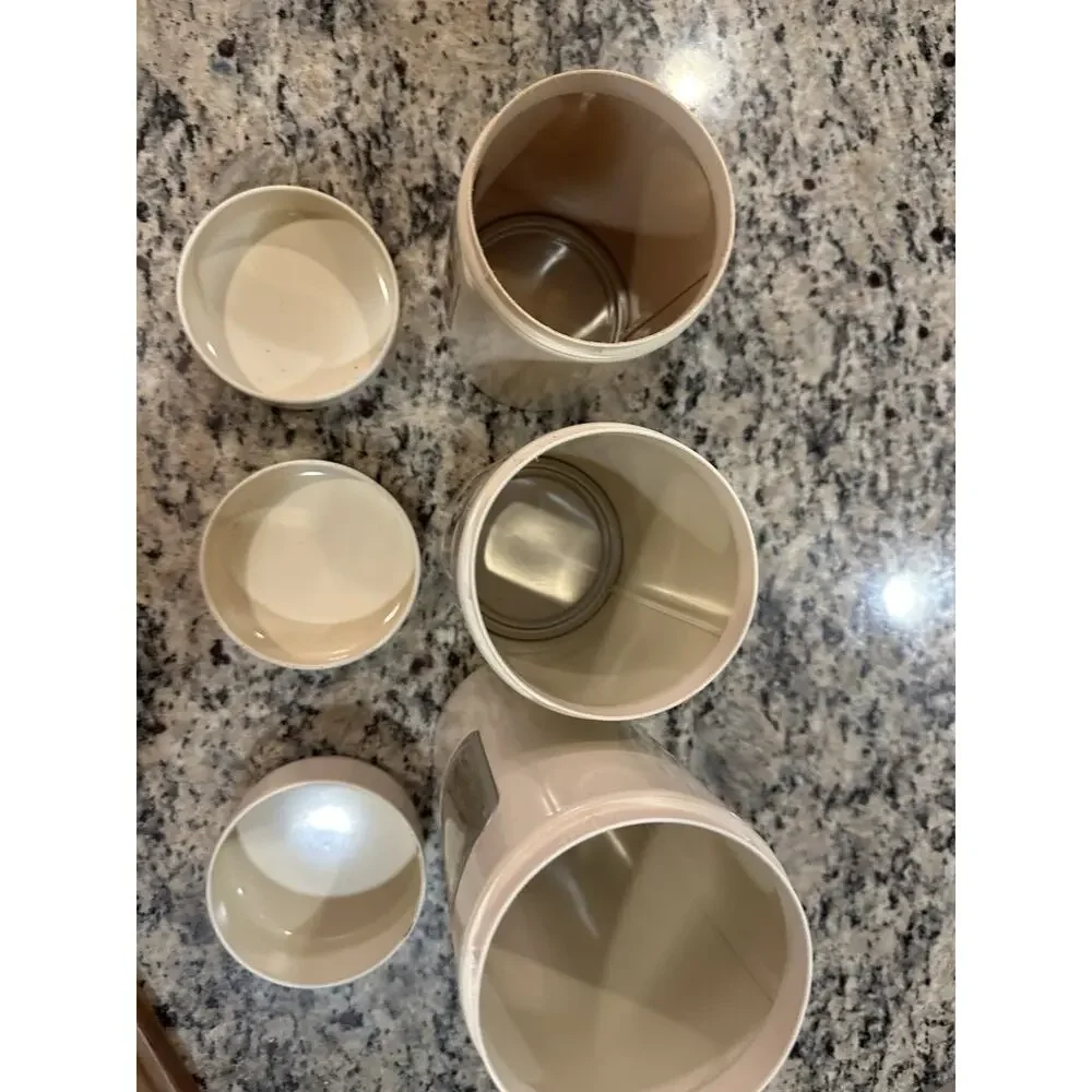 Vintage MCM Lidded Set/3 CHANTAL Cream Color Metal Canisters w/See Thru * Read